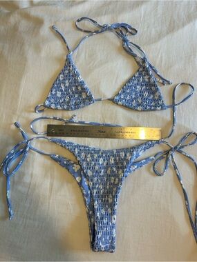 Blue Floral Smocked Triangle Bikini Set